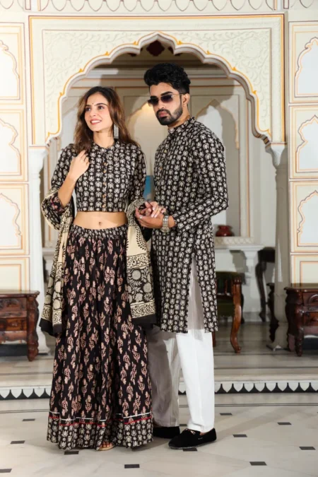Black Bagru Print Cotton Couple Lehanga Choli