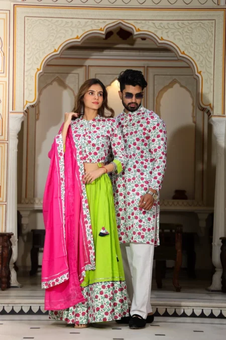 Floral Bagru Print Cotton Couple Lehanga Choli