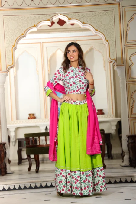 White & Green Bagru Print Cotton Lehanga Choli