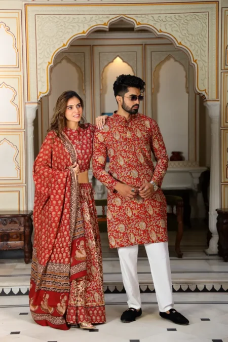 Red Beige Bagru Print Cotton Couple Lehanga Choli