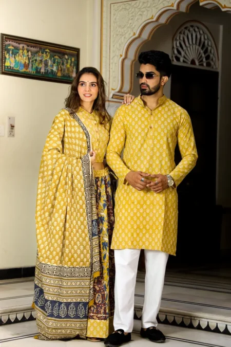Yellow Bagru Print Cotton Couple Lehanga Choli