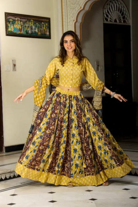 Yellow Bagru Print Cotton Lehanga Choli
