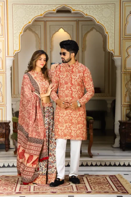 Light Red Bagru Print Cotton Couple Lehanga Choli