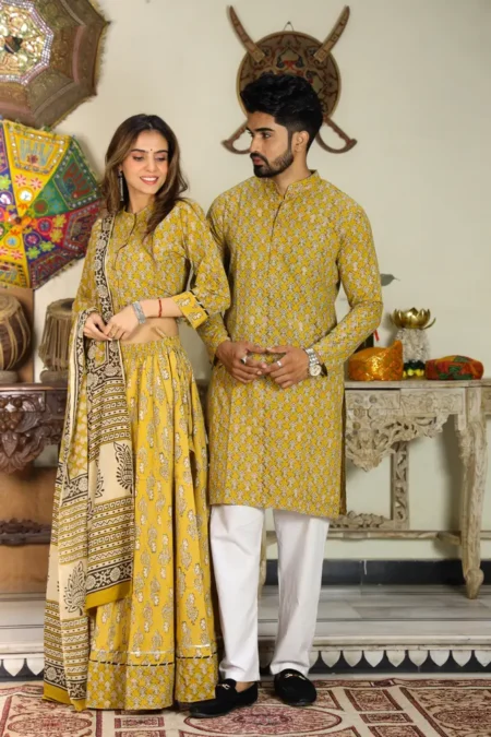 Musturd Bagru Print Cotton Couple Lehanga Choli