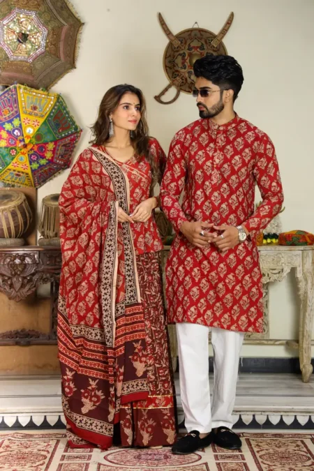 Red Maroon Cotton Couple Lehanga Angrakha Choli
