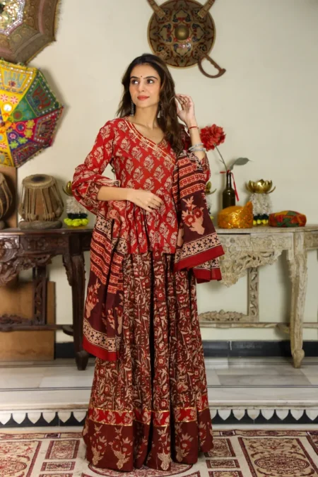 Red & Maroon Bagru Print Cotton Lehanga Angrakha Choli