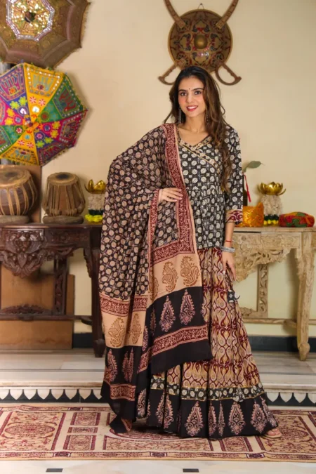 Black Bagru Print Cotton Lehanga Angrakha Choli