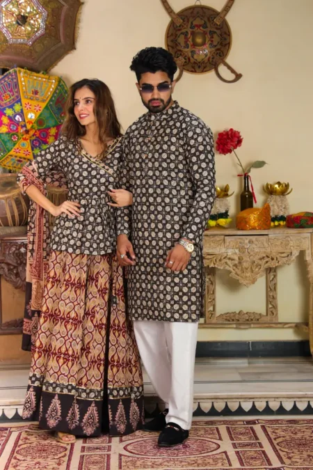 Black Bagru Print Cotton Couple Lehanga Angrakha Choli