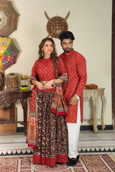 Red & Black Bagru Print Cotton Couple Lehanga Choli