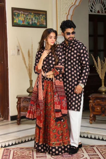 Black & Red Bagru Print Cotton Couple Lehanga Choli