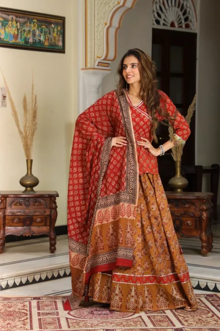 Red & Brown Bagru Print Cotton Lehanga Angrakha Choli