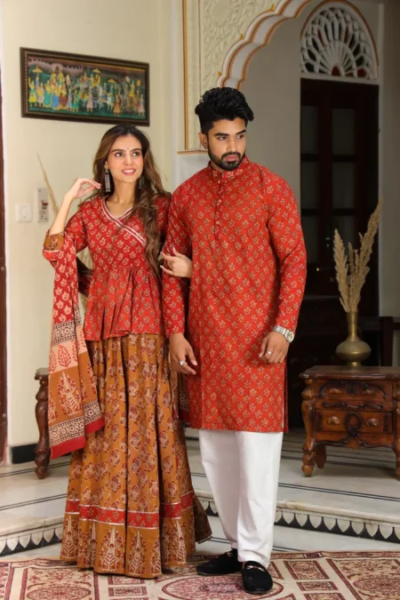 Red Brown Cotton Couple Lehanga Angrakha Choli