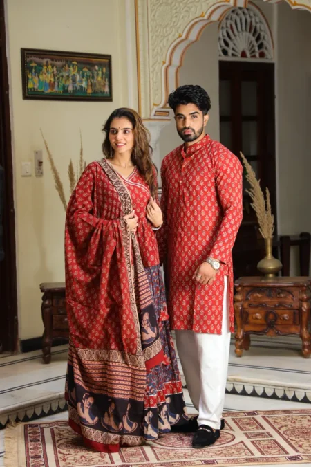 Red Blue Cotton Couple Lehanga Angrakha Choli