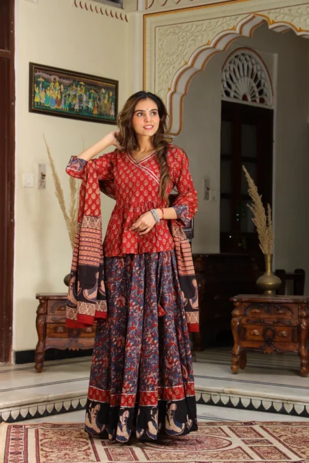 Red & Blue Bagru Print Cotton Lehanga Angrakha Choli