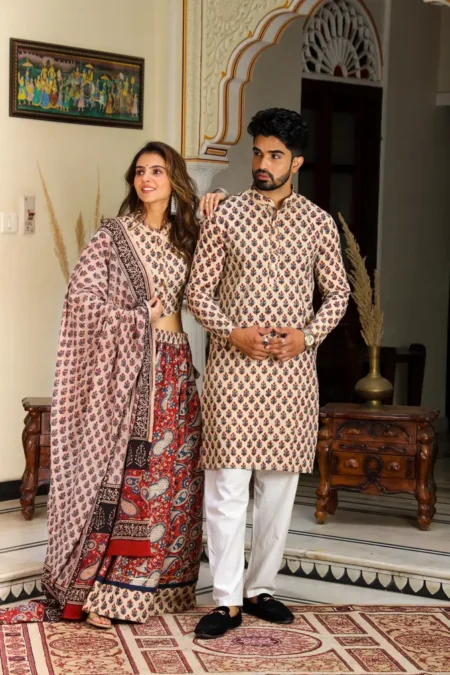 Beige Colour Bagru Print Cotton Couple Lehanga Choli