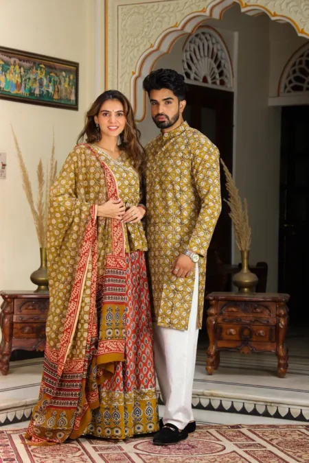 Musturd & Red Cotton Couple Lehanga Angrakha Choli
