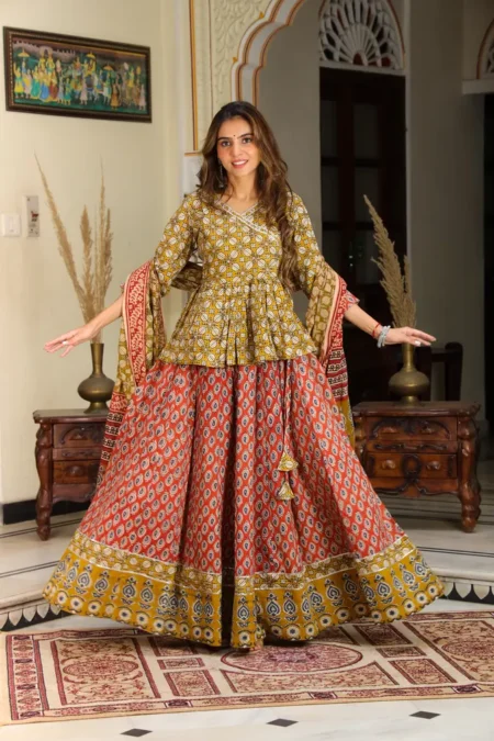 Musturd & Red Bagru Print Cotton Lehanga Angrakha Choli