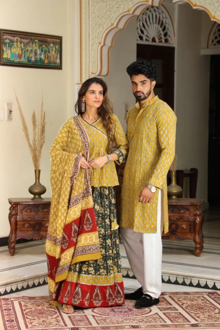 Musturd & Black Cotton Couple Lehanga Angrakha Choli