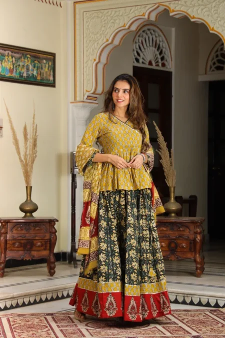 Musturd & Black Bagru Print Cotton Lehanga Angrakha Choli