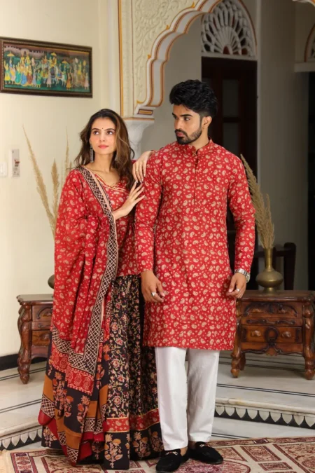 Red & Black Cotton Couple Lehanga Angrakha Choli