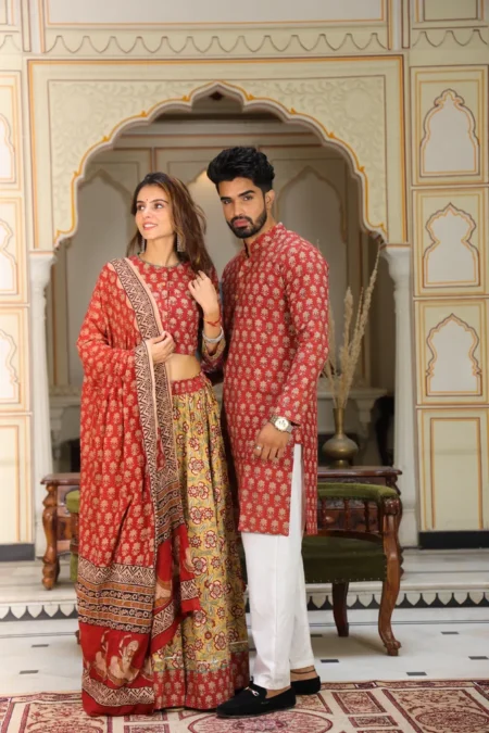 Red Bagru Print Cotton Couple Lehanga Choli