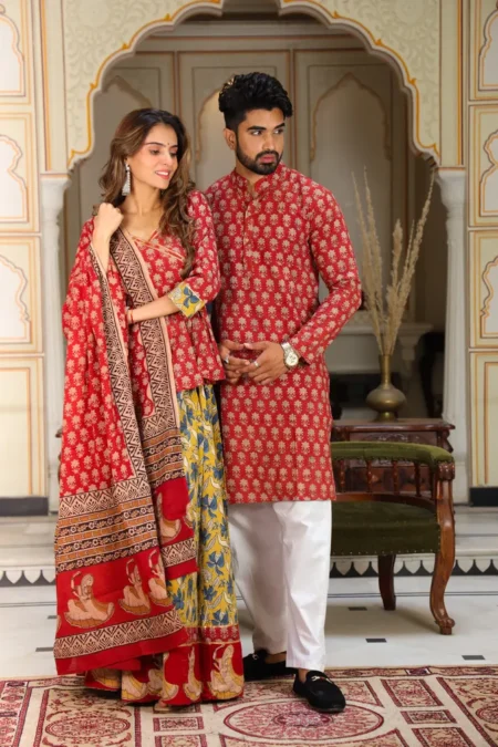 Red & Yellow Cotton Couple Lehanga Angrakha Choli