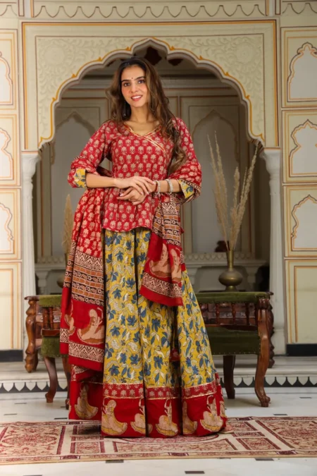 Red & Yellow Bagru Print Cotton Lehanga Angrakha Choli