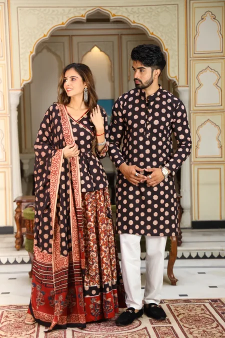 Black & Red Kalamkari Cotton Couple Lehanga Angrakha Choli