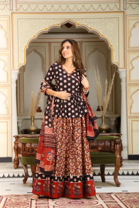 Black & Red Kalamkari Bagru Print Cotton Lehanga Angrakha Choli
