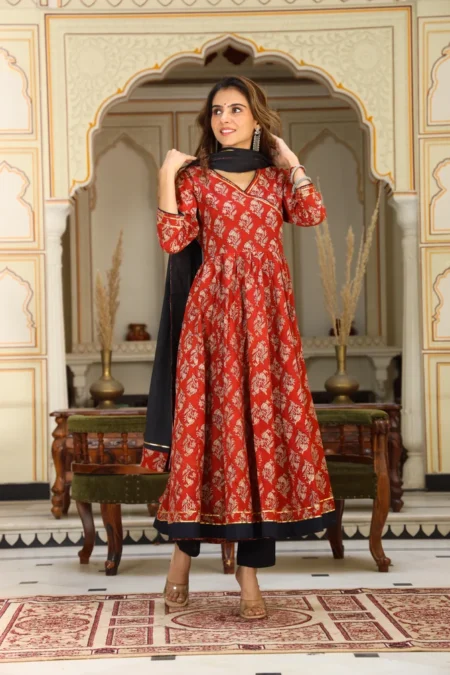 Red Bagru Print Cotton Anarkali Dress With Dupatta