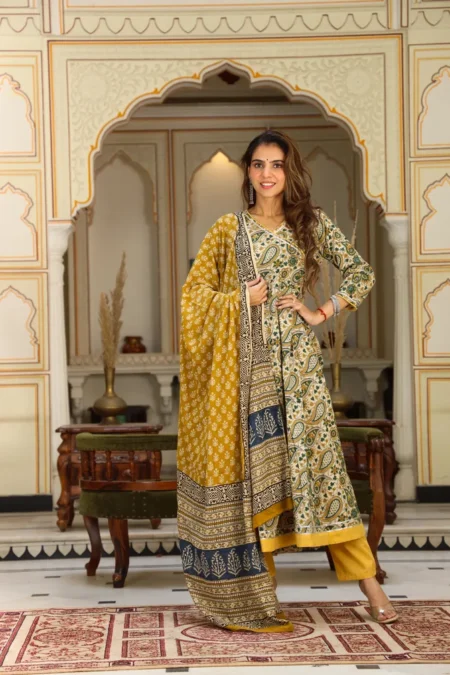 Bagru Print Cotton Anarkali Dress With Yellow Dupatta