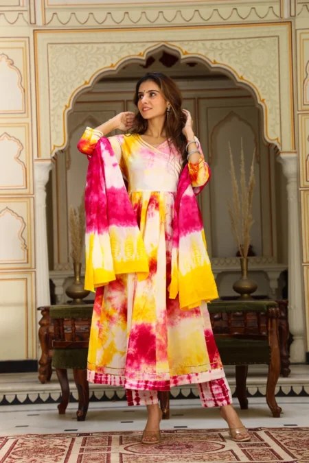 MultiColour Tie Dye Cotton Anarkali Dress With Dupatta
