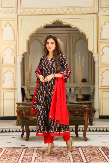 Black Bagru Print Cotton Anarkali Dress With Dupatta