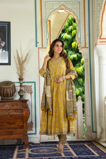 Musturd Bagru Print Cotton Anarkali Dress