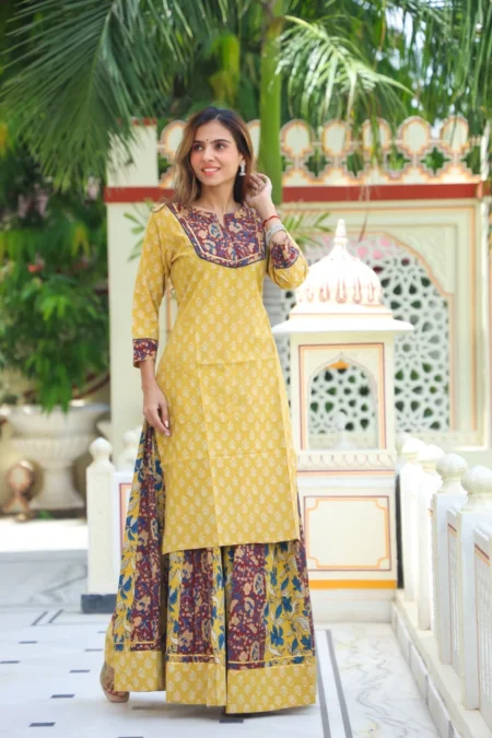 Yellow Bagru Print Cotton Kurti Skirt Dress