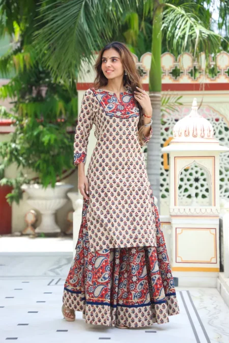 Peach Colour Bagru Print Cotton Kurti Skirt Dress