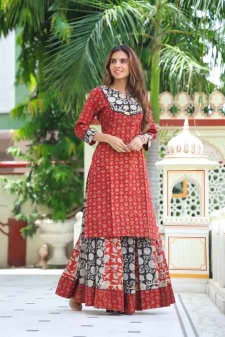 Red Bagru Print Cotton Kurti Skirt Dress