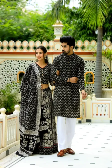 Black Bagru Print Cotton Couple Lehanga Choli