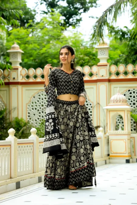 Black Hand Block Printed Cotton Lehanga Choli