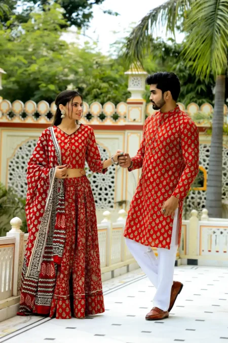 Red Buti Bagru Print Cotton Couple Chaniya Choli