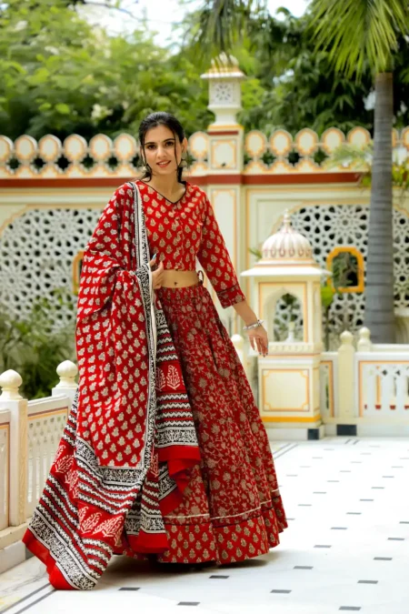 Red Bagru Printed  Cotton Lehanga Choli
