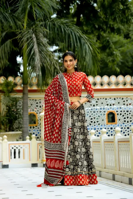 Red & Black Hand Block Printed Cotton Lehanga Choli
