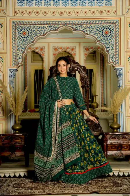 Bottle Green Bagru Printed  Cotton Lehanga Choli