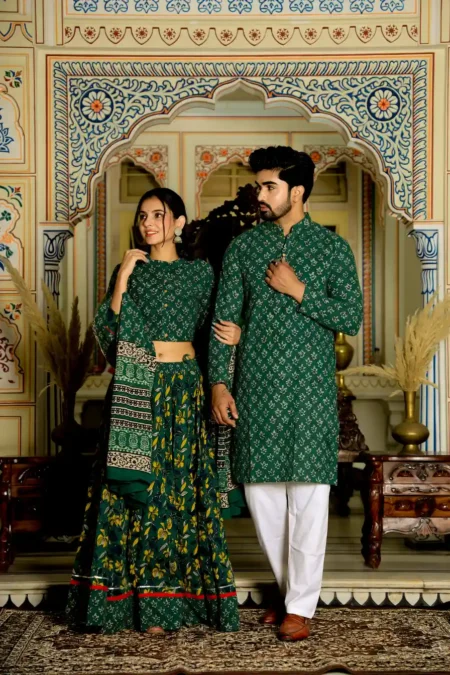 Bottle Green Bagru Print Cotton Couple Lehanga Choli