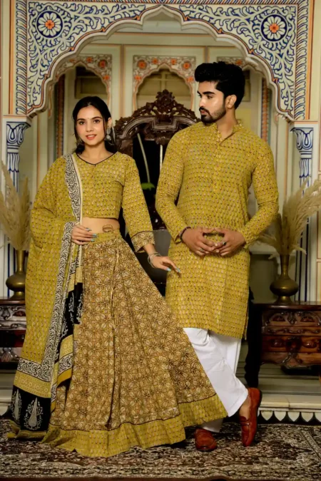 Musturd Bagru Print Cotton Couple Chaniya Choli