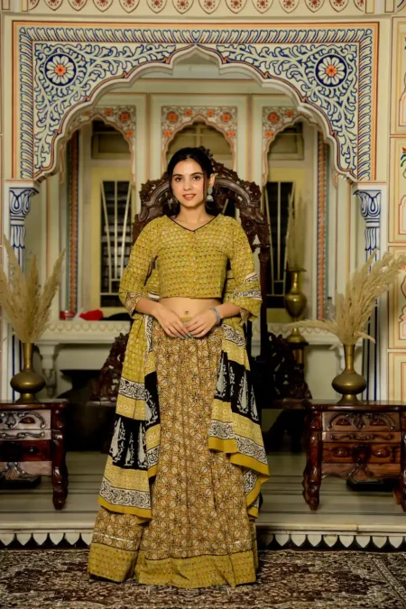 Musturd Yellow Hand Block Print Cotton Lehanga Choli