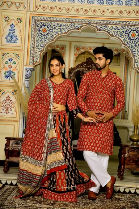 Red Bagru Print Cotton Couple Lehanga Choli