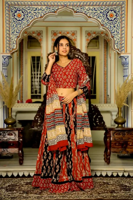 Red & Black Hand Block Print Cotton Lehanga Choli