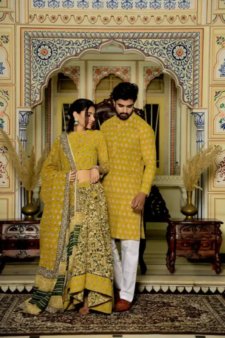 Musturd Yellow Bagru Print Cotton Couple Lehanga Choli