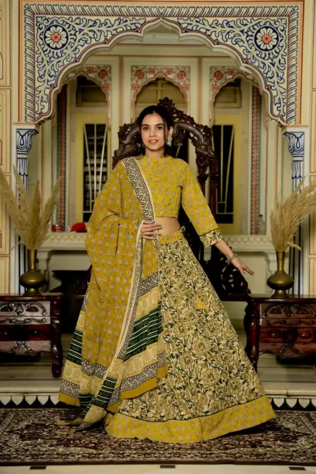 Musturd Yellow Hand Block Print Cotton Lehanga Choli